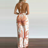 Tropical Print Backless Split Jumpsuit