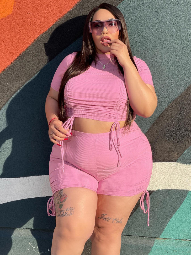 Plus Size Drawstring Top & Shorts Two Piece Set