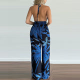 Tropical Print Backless Split Jumpsuit