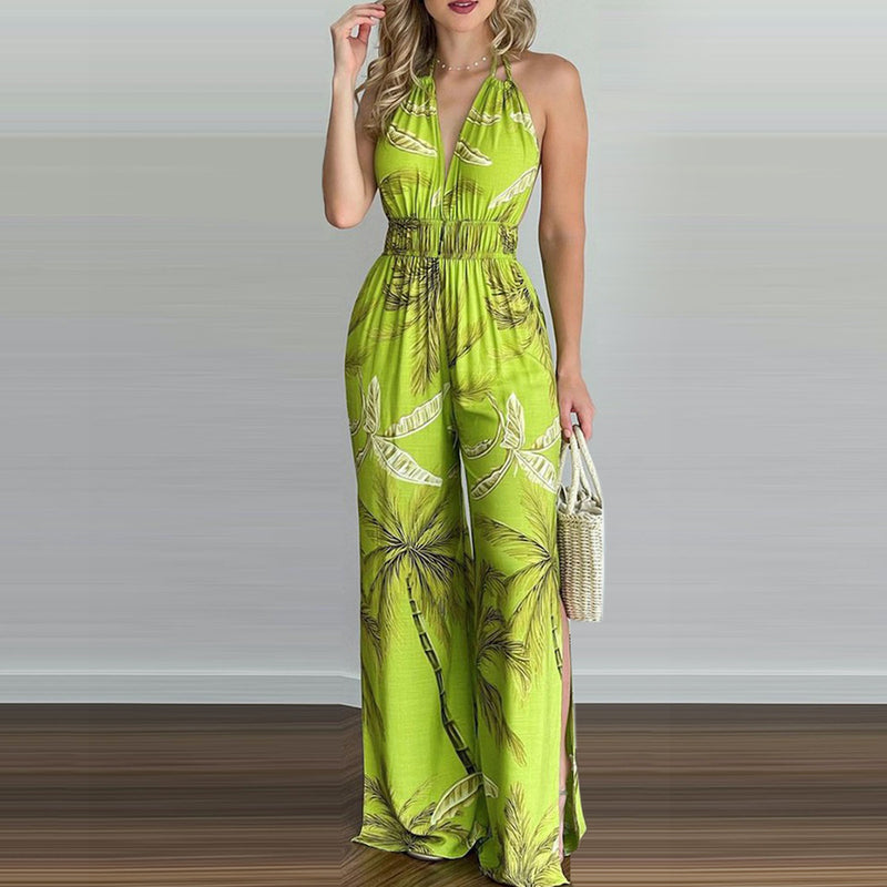 Tropical Print Backless Split Jumpsuit