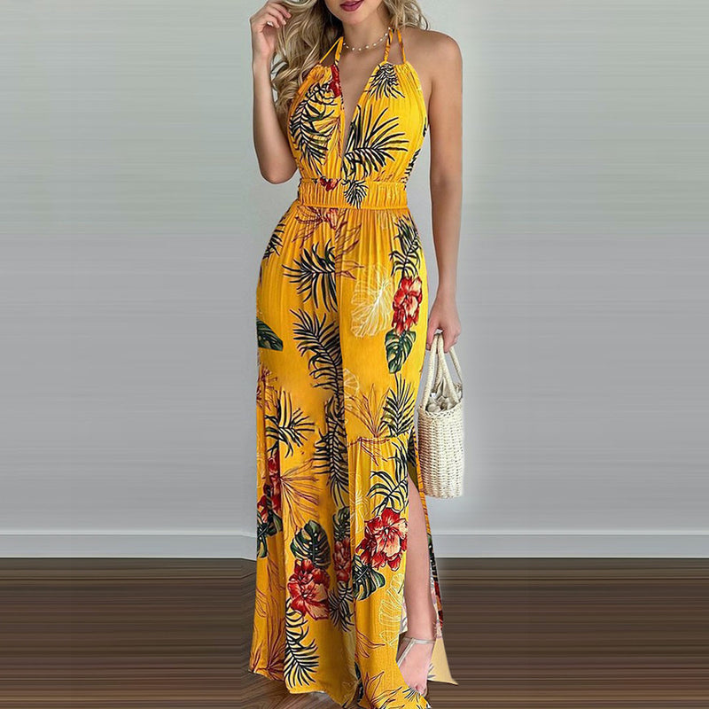 Tropical Print Backless Split Jumpsuit