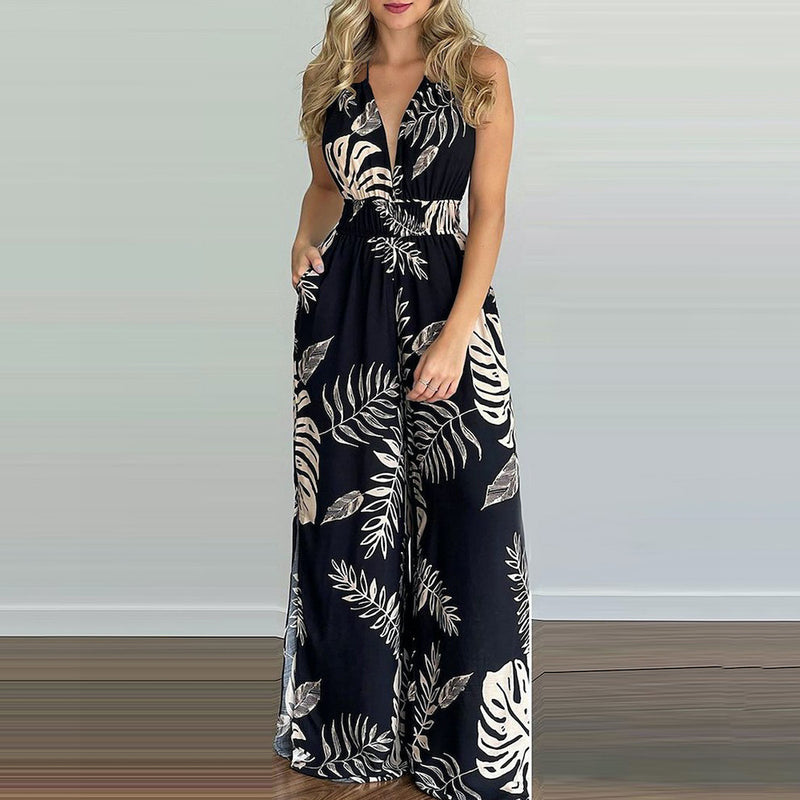 Tropical Print Backless Split Jumpsuit