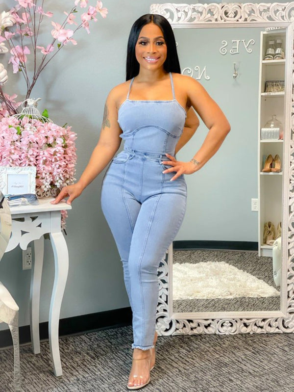 Lace Up Backless Denim Jumpsuit