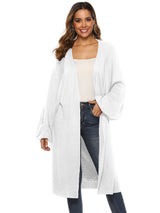 White Ribbed Knit Open Front Cardigan With Pockets