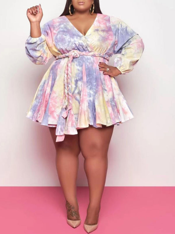 Plus Size Allover Print Belted Dress