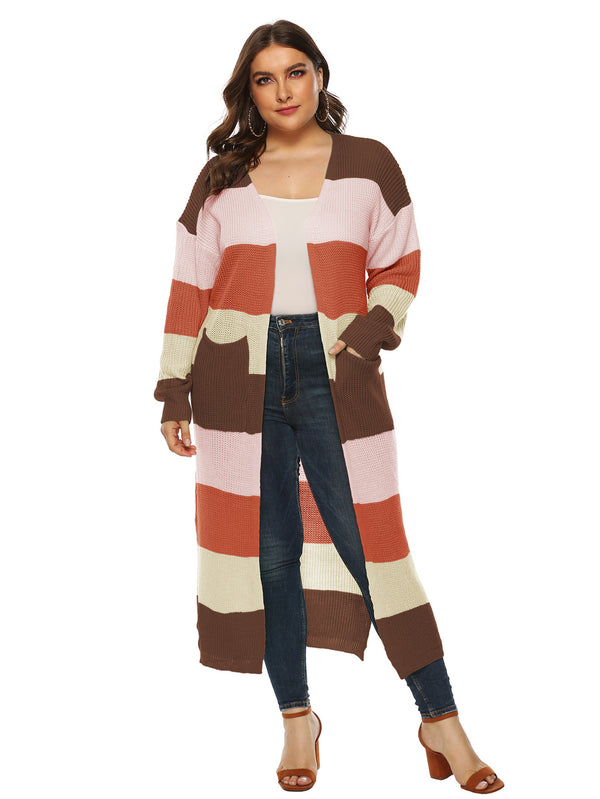 Plus Size Colorblock Cardigan with Pockets