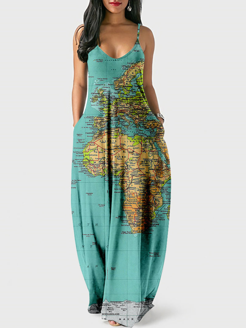 World Map Print Maxi Dress with Pockets