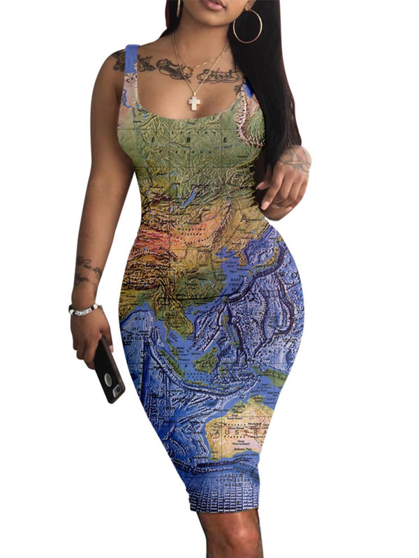 World Map Print Bodycon Dress