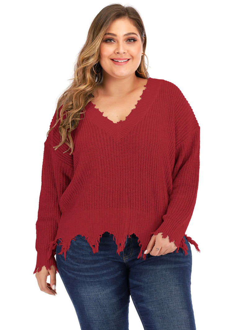 Plus Size V Neck Raw Hem Sweater