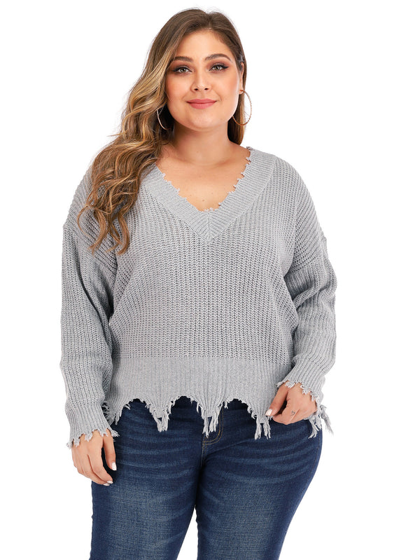 Plus Size V Neck Raw Hem Sweater