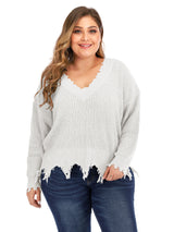 Plus Size V Neck Raw Hem Sweater