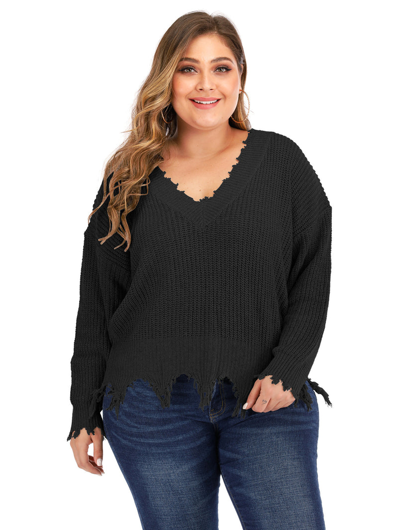 Plus Size V Neck Raw Hem Sweater