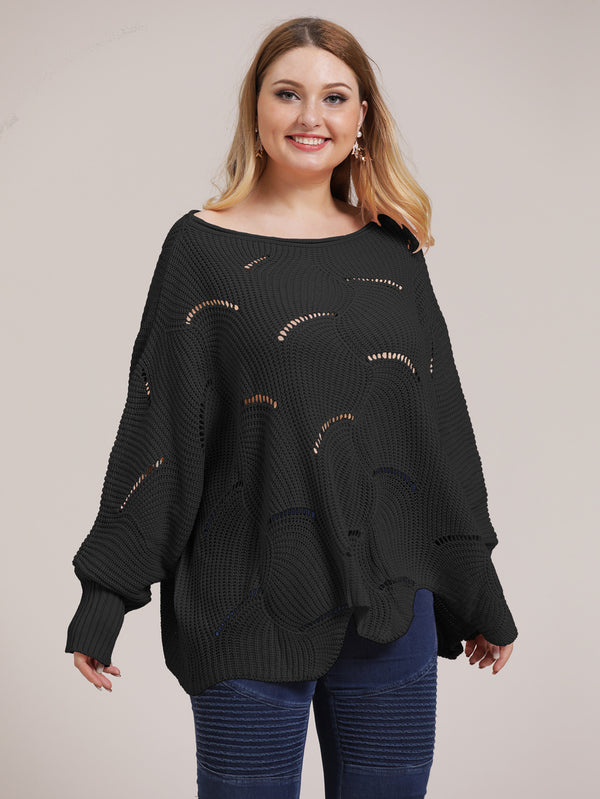 Plus Size Solid Pointelle Knit Drop Shoulder Sweater