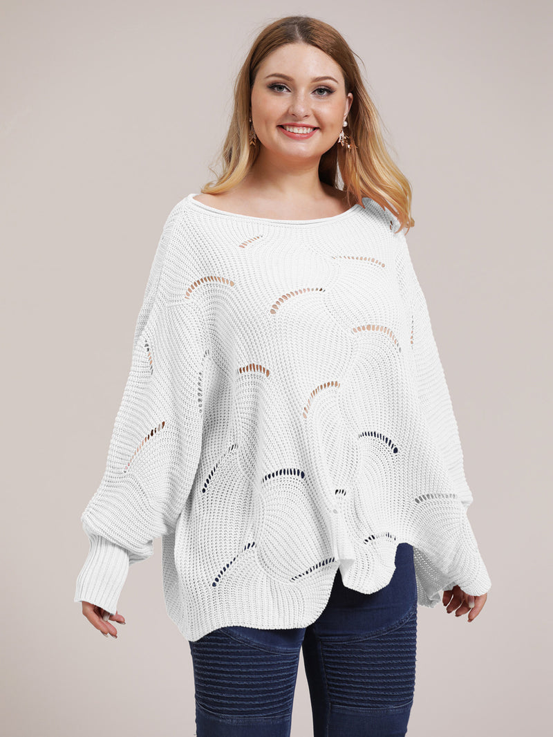 Plus Size Solid Pointelle Knit Drop Shoulder Sweater