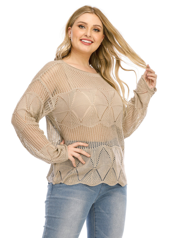 Plus Size Solid Pointelle Knit Drop Shoulder Sweater