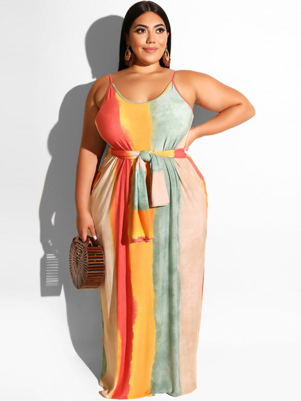 Plus Size Tie Dye Belted Cami Dress with Pockets