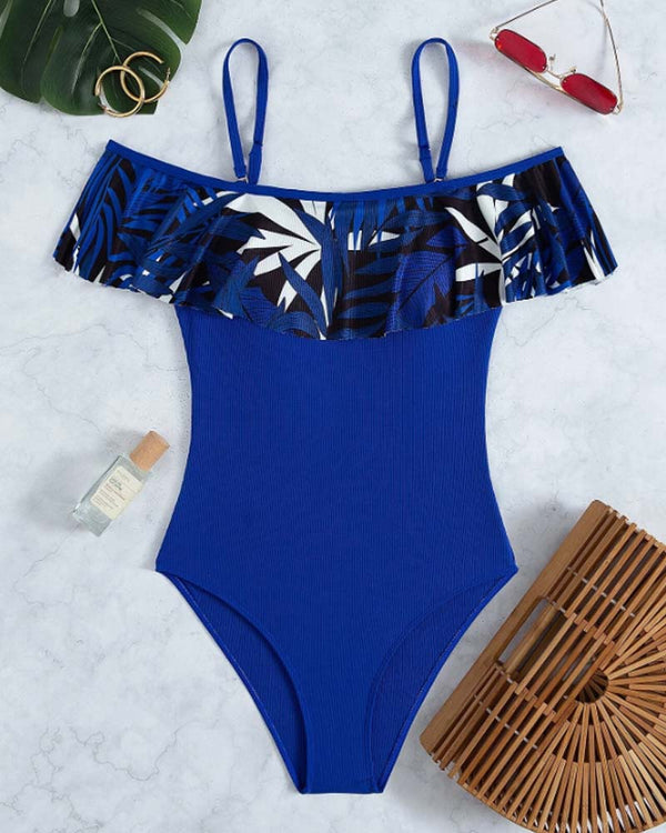 Plant Print Ruffle Trim Off The Shoulder One Piece Swimsuit