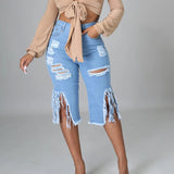 Ripped Fringe Stretch Denim Shorts