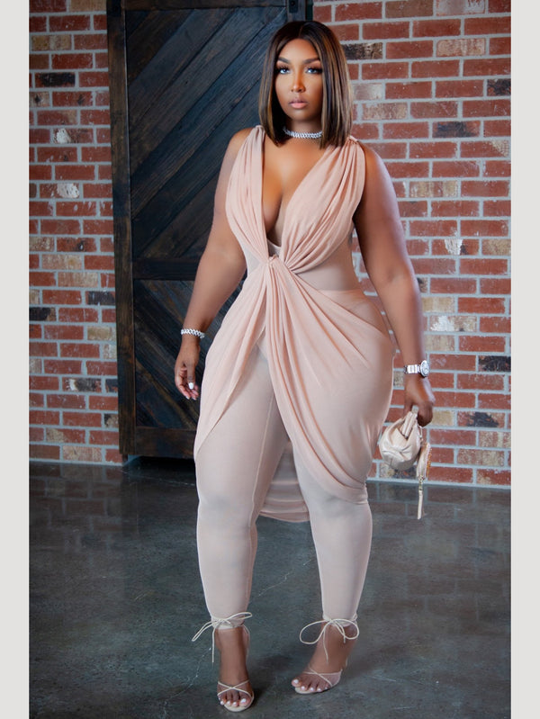 Plus Solid Ruched Sleeveless Jumpsuit