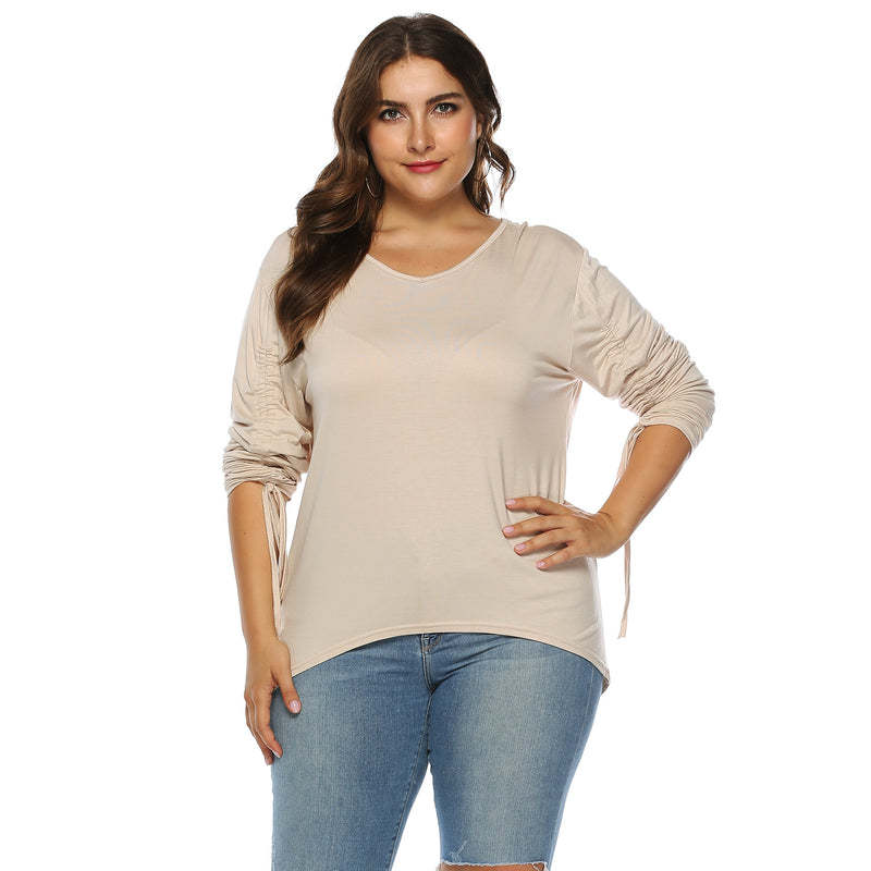 Plus Size Drawstring Sleeve High Low Tee Top