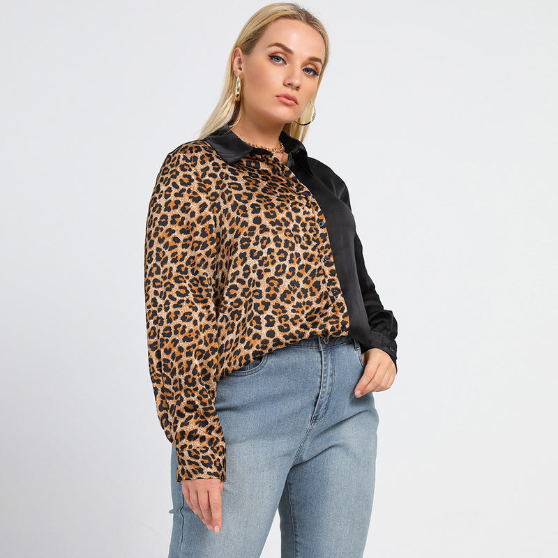 Plus Size Color Block Leopard Spliced Shirt Top