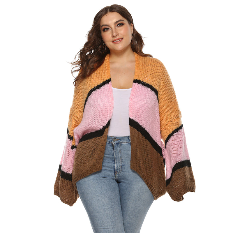 Plus Size Colorblock Open Front Cardigan