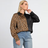 Plus Size Color Block Leopard Spliced Shirt Top