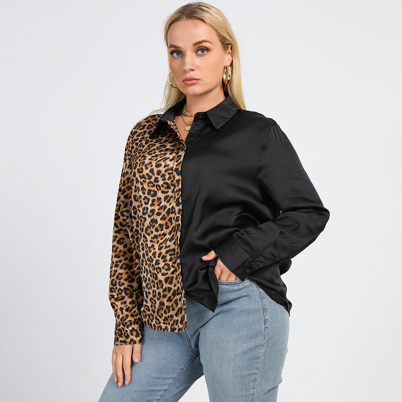 Plus Size Color Block Leopard Spliced Shirt Top