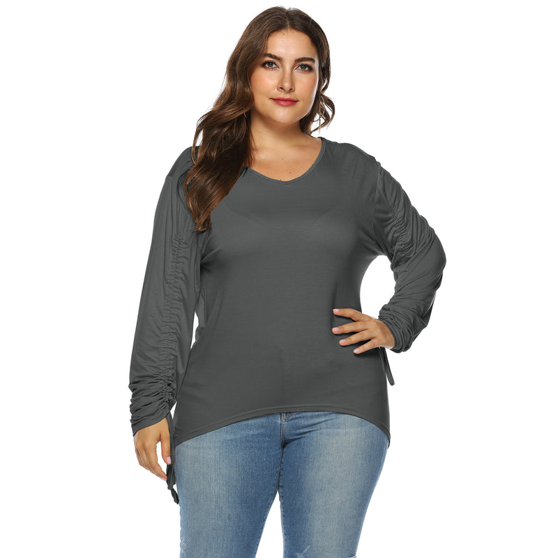 Plus Size Drawstring Sleeve High Low Tee Top