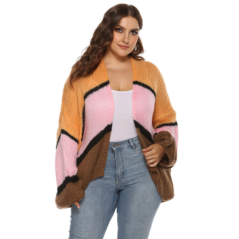 Plus Size Colorblock Open Front Cardigan