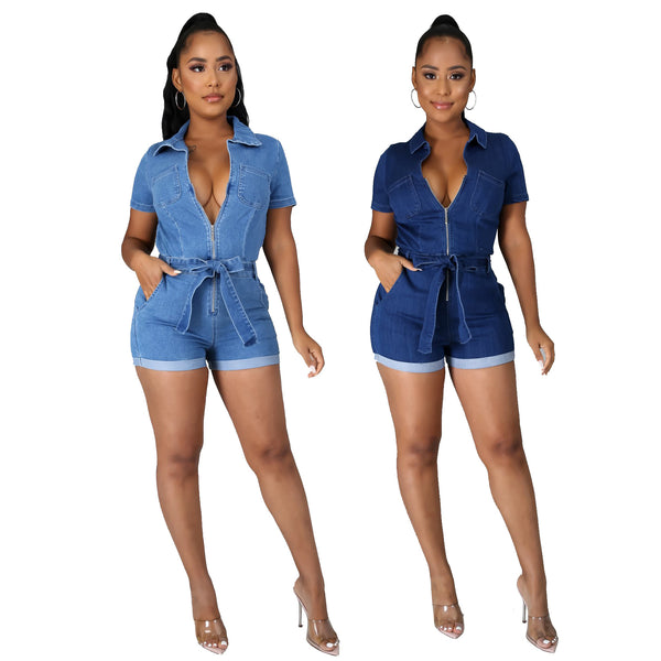 V Neck Denim Romper