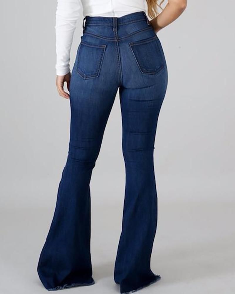 Plus Size High Waist Ripped Raw Hem Bootcut Flare Leg Skinny Jeans