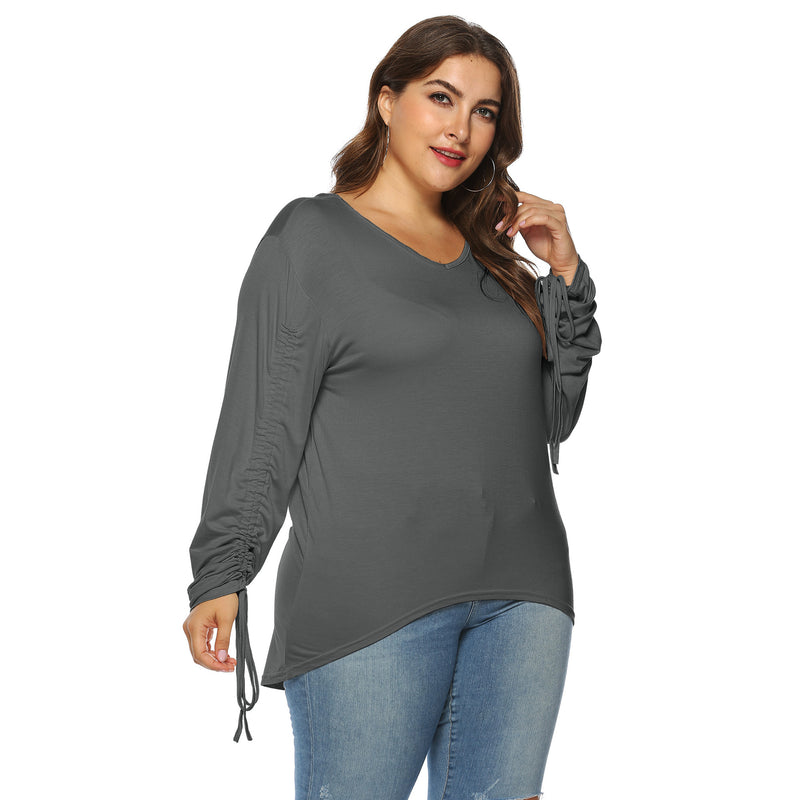 Plus Size Drawstring Sleeve High Low Tee Top