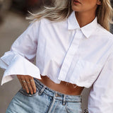 Pocket Front Raw Hem Crop Blouse