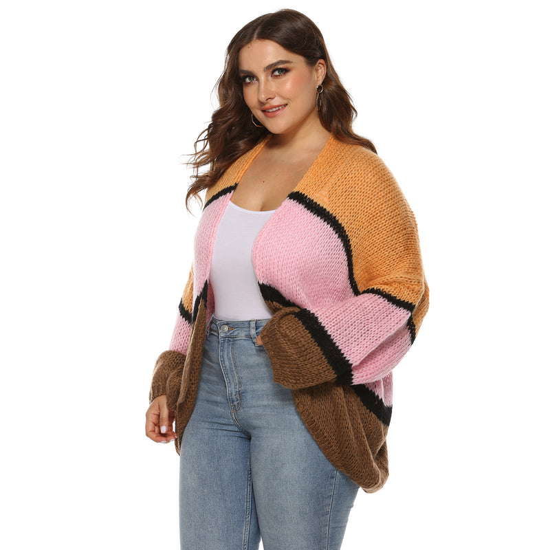 Plus Size Colorblock Open Front Cardigan