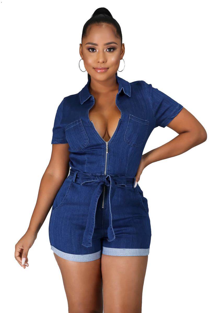 V Neck Denim Romper