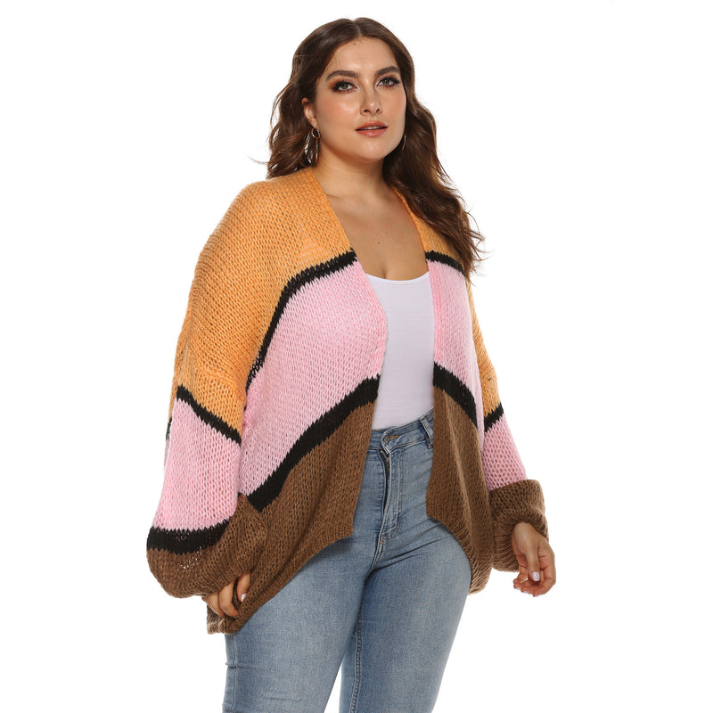 Plus Size Colorblock Open Front Cardigan