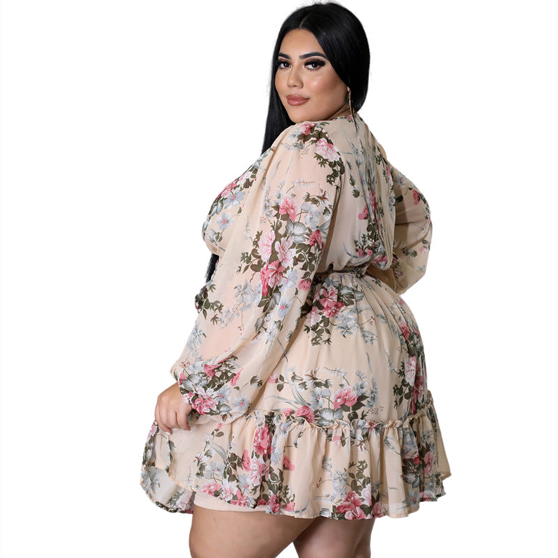 Plus Size Floral Print Belted Dress