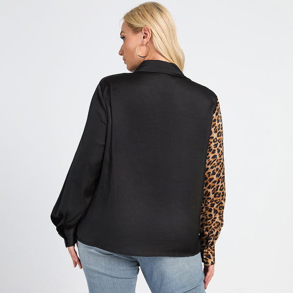 Plus Size Color Block Leopard Spliced Shirt Top