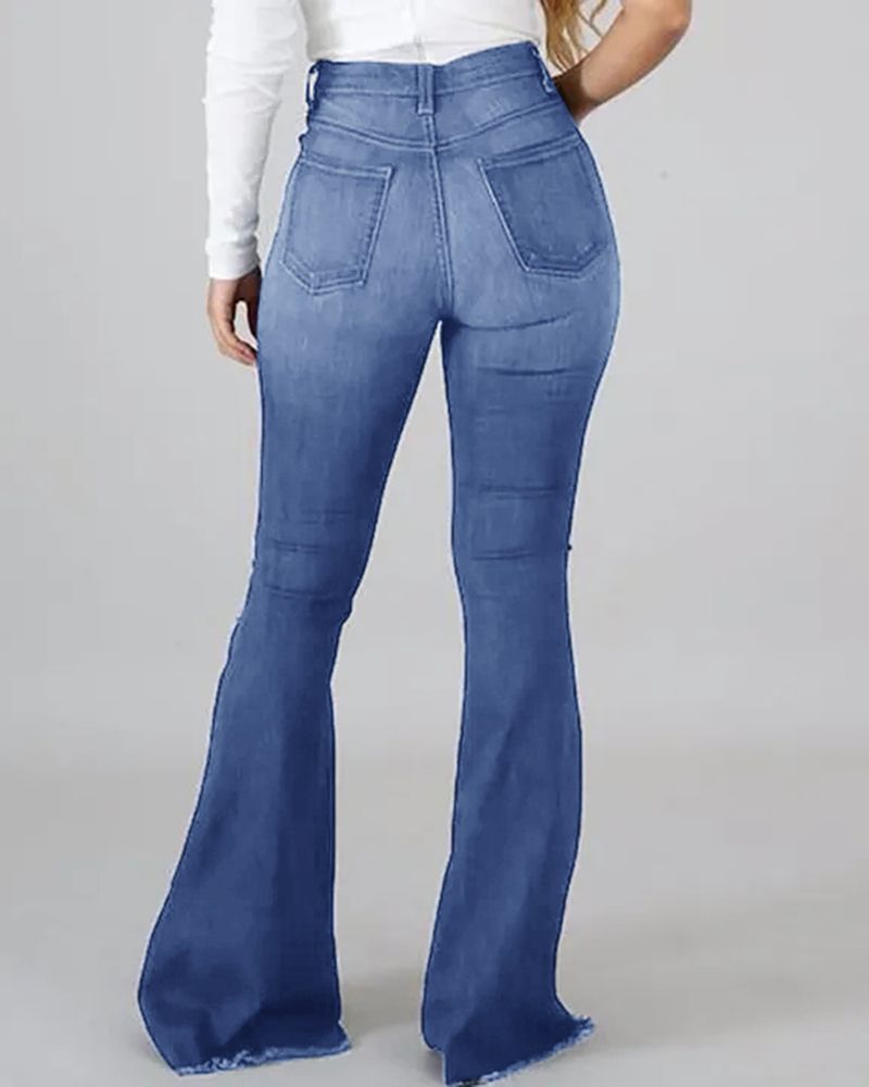 Plus Size High Waist Ripped Raw Hem Bootcut Flare Leg Skinny Jeans