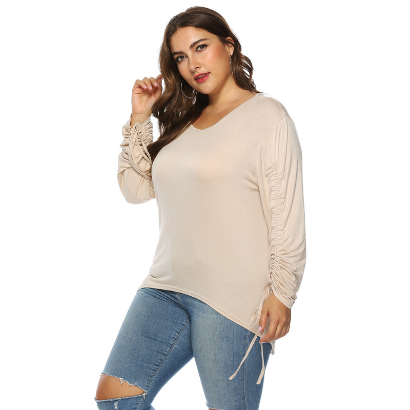 Plus Size Drawstring Sleeve High Low Tee Top