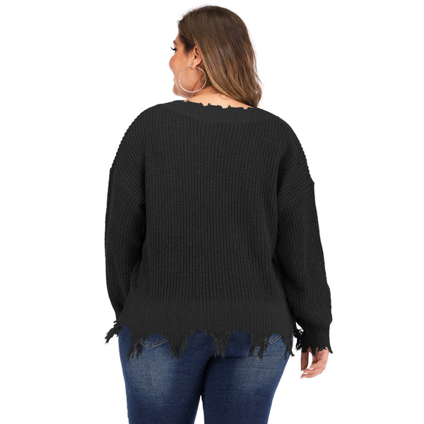 Plus Size V Neck Raw Hem Sweater