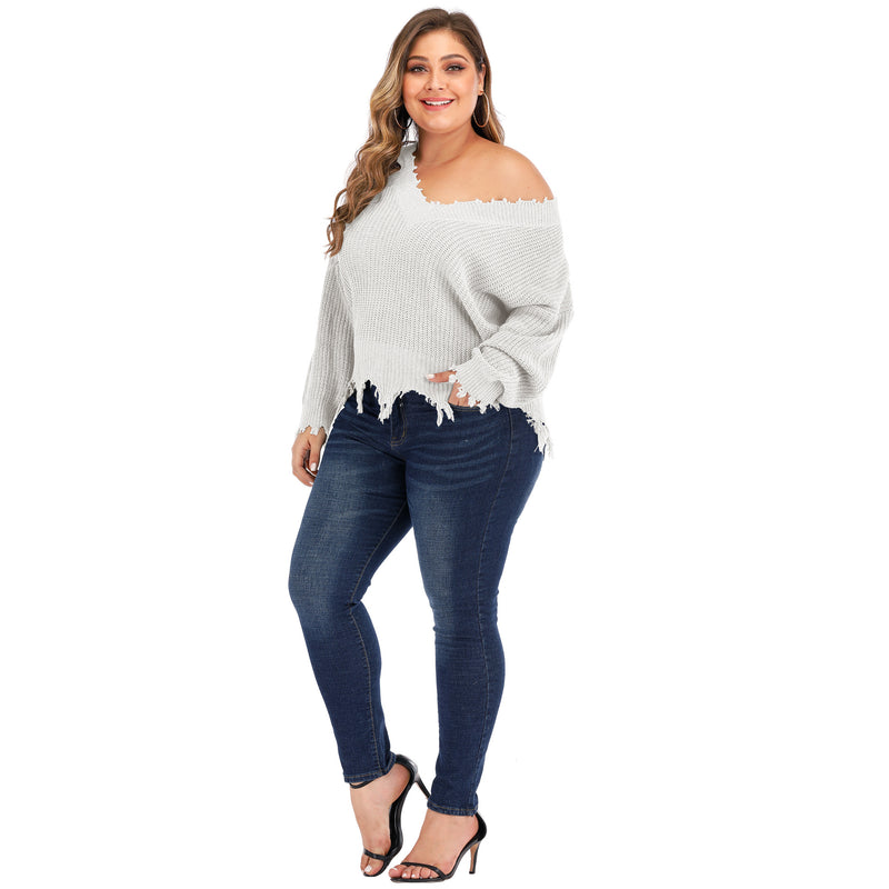 Plus Size V Neck Raw Hem Sweater