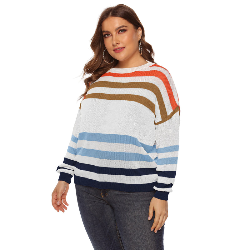 Plus Size Striped Pattern Drop Shoulder Sweater