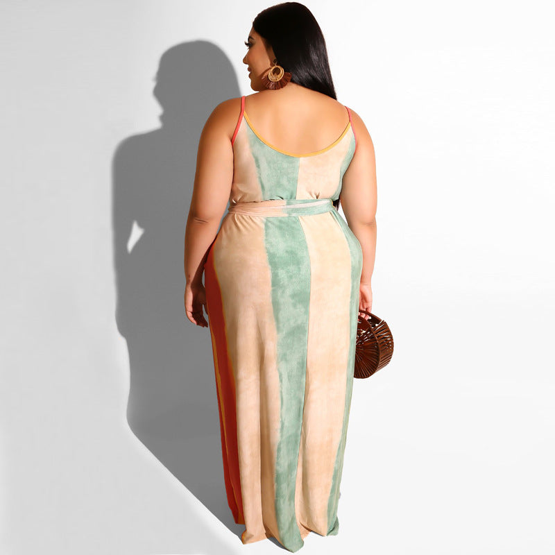 Plus Size Tie Dye Belted Cami Dress with Pockets