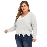 Plus Size V Neck Raw Hem Sweater