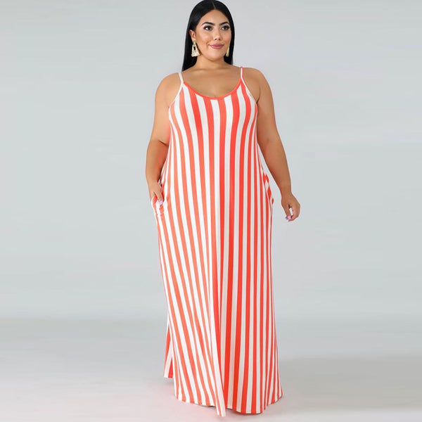 Plus Size Striped Belted Dress with Pockets