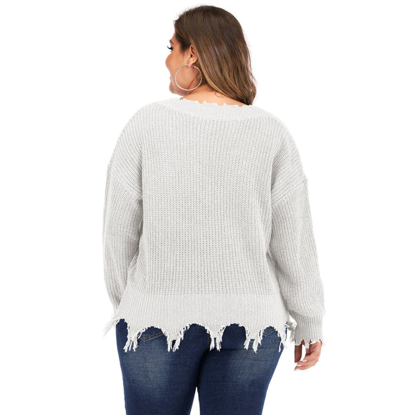 Plus Size V Neck Raw Hem Sweater