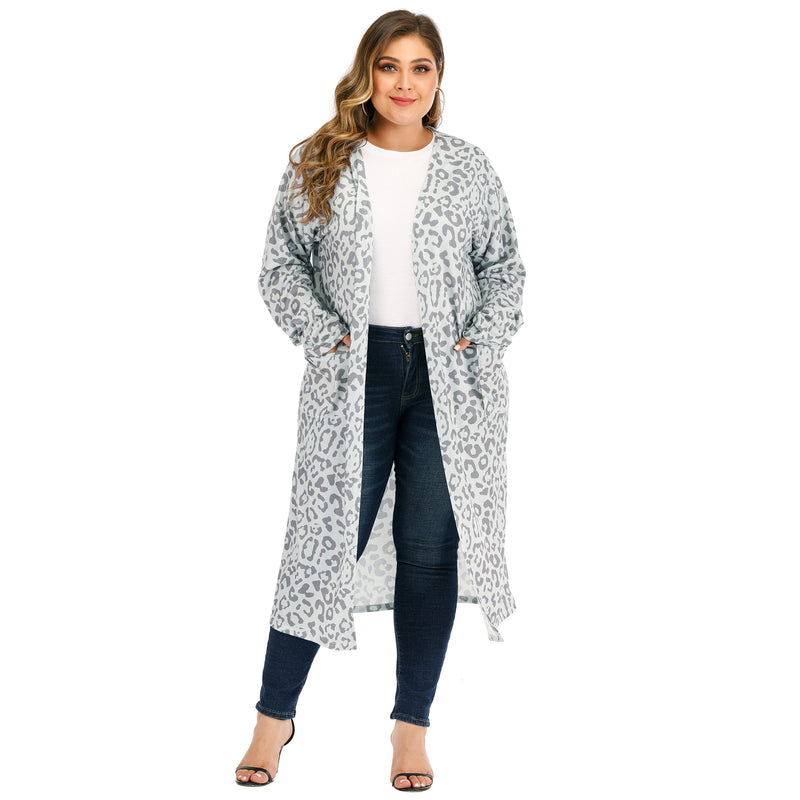 Plus Size Leopard Print Pocket Front Cardigan