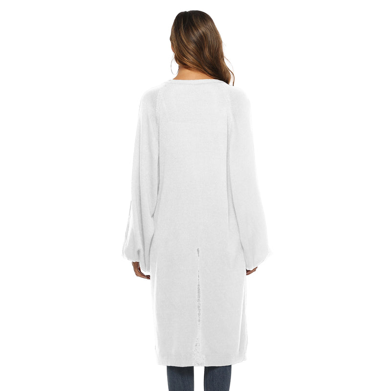 White Ribbed Knit Open Front Cardigan With Pockets